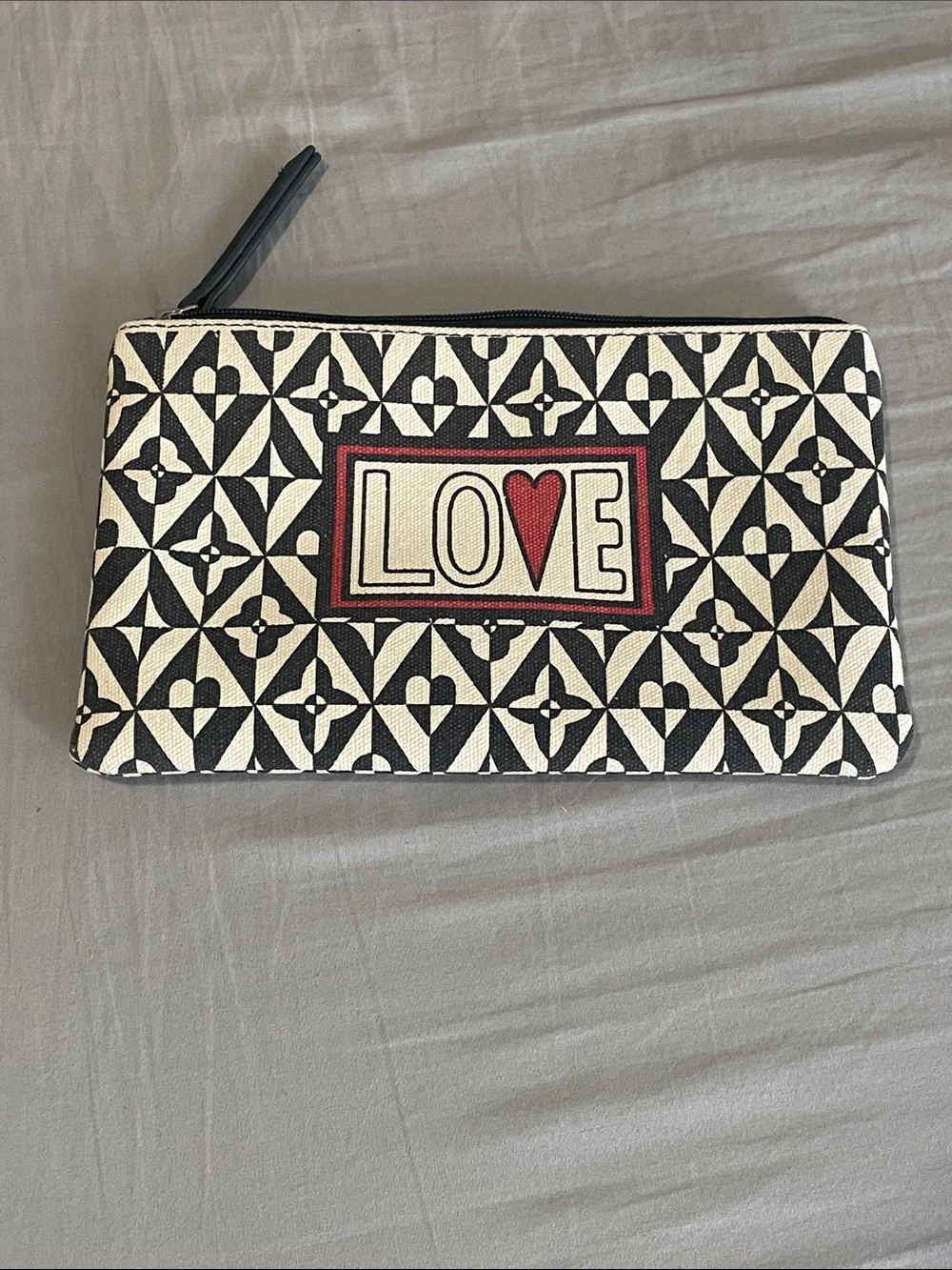 Brighton Black & White LOVE Pattern Zip Clutch with Red Heart